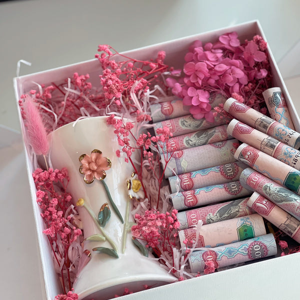 A gift set containing a ceramic incense burner and oud incense boxes arranged with decorative pink flowers in a presentation box.