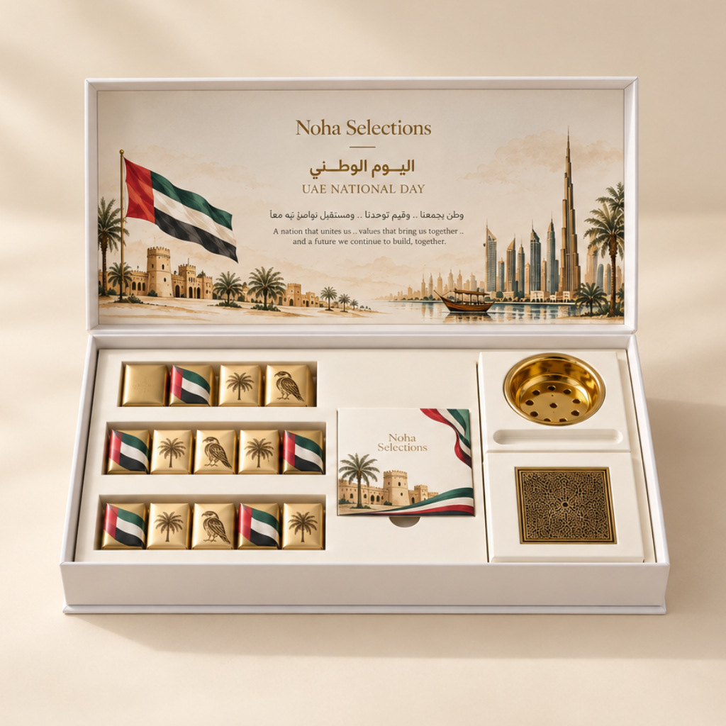 Luxury UAE Heritage VIP gift box featuring a gold metal mabkhara incense burner set, premium foil-wrapped chocolates with UAE heritage emblems, and a commemorative greeting card by Noha Selections.