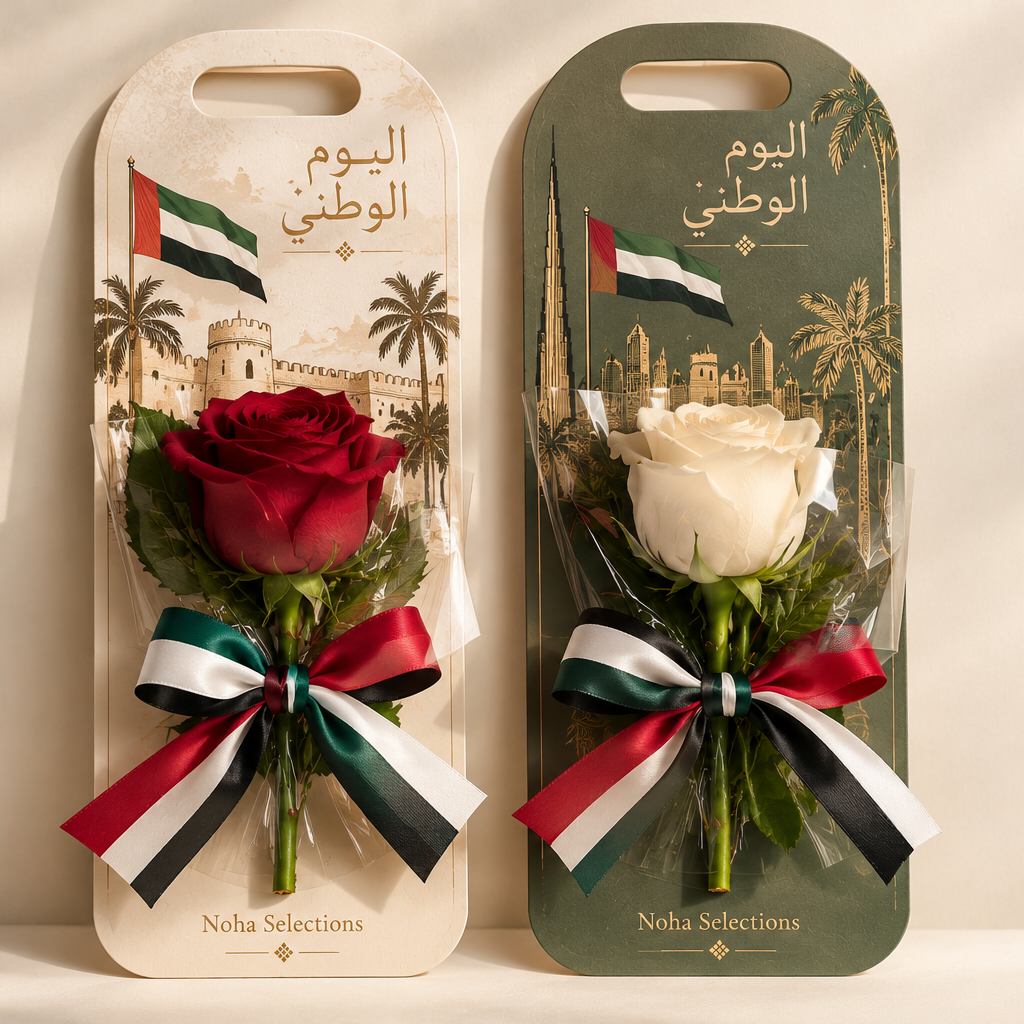 National Day Rose featuring a single premium fresh red or white rose in a UAE National Day themed presentation holder with UAE flag ribbon detailing by Noha Selections.