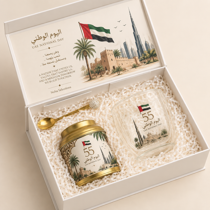 National Day Coffee Moment gift box featuring a premium coffee tin, double-wall glass cup, and elegant gold coffee spoon inside a UAE National Day presentation box by Noha Selections.