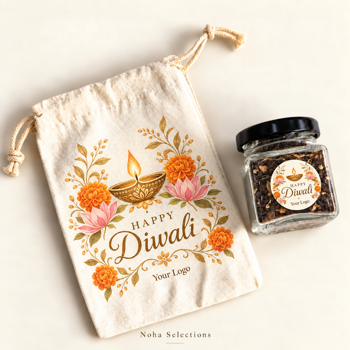 A natural fabric drawstring gift pouch with a custom "Happy Diwali" Noha Selections tag, styled alongside a small glass treat jar with a gold lid, a traditional golden diya, and scattered marigold petals.