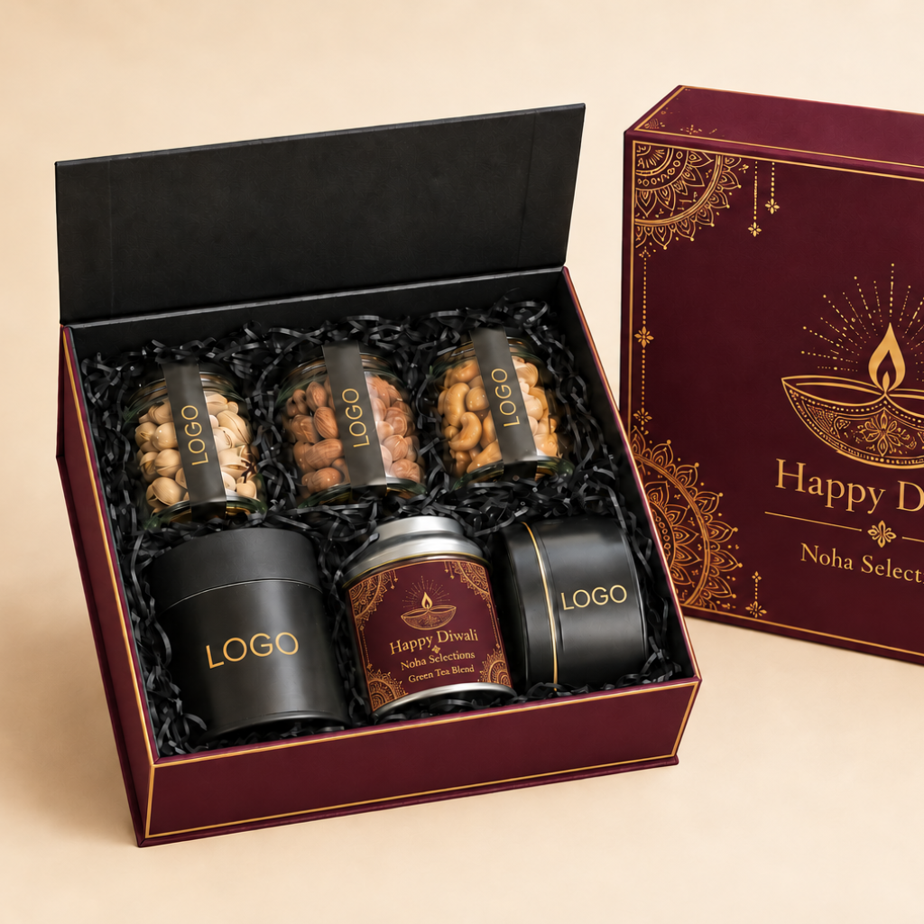 An open dark red and black gift box containing three small jars and a tin, displayed beside the matching closed box on a warm beige background. The closed box has gold decorative patterns and reads 'Happy Diwali Nisha Selections'.