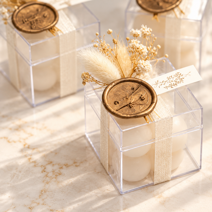 Three clear acrylic gift boxes containing white candles, decorated with beige ribbon, gold wax seals, and dried flowers, arranged on a light marble surface.