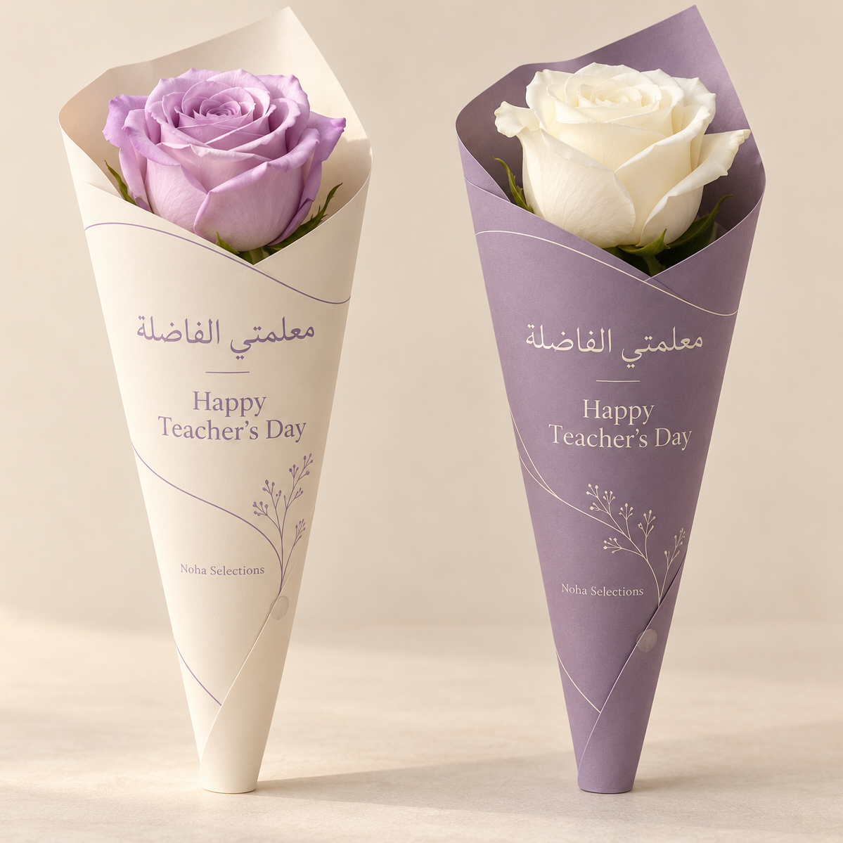 Two Teacher's Day gift cards with handles featuring fresh roses: one cream card with a lilac rose and one purple card with a white rose