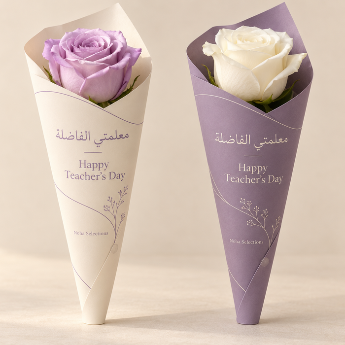 Two Teacher's Day gift cards with handles featuring fresh roses: one cream card with a lilac rose and one purple card with a white rose