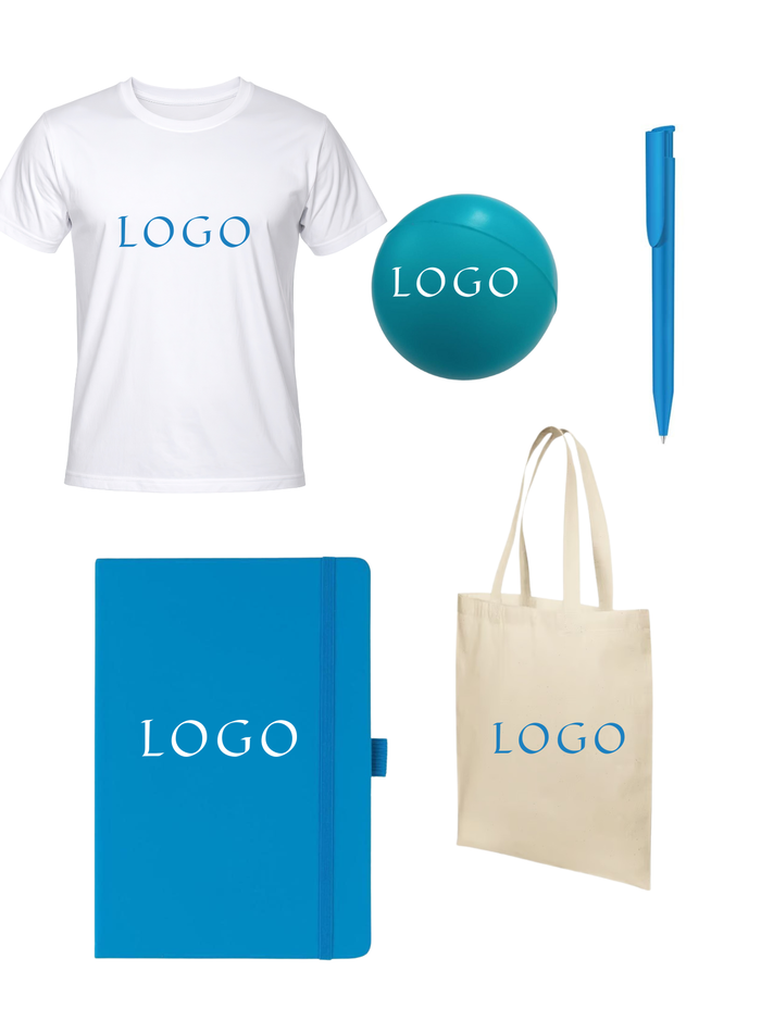Collection of branded items including a white t-shirt, blue ball, pen, blue notebook, and beige tote bag with 'LOGO' printed on them.