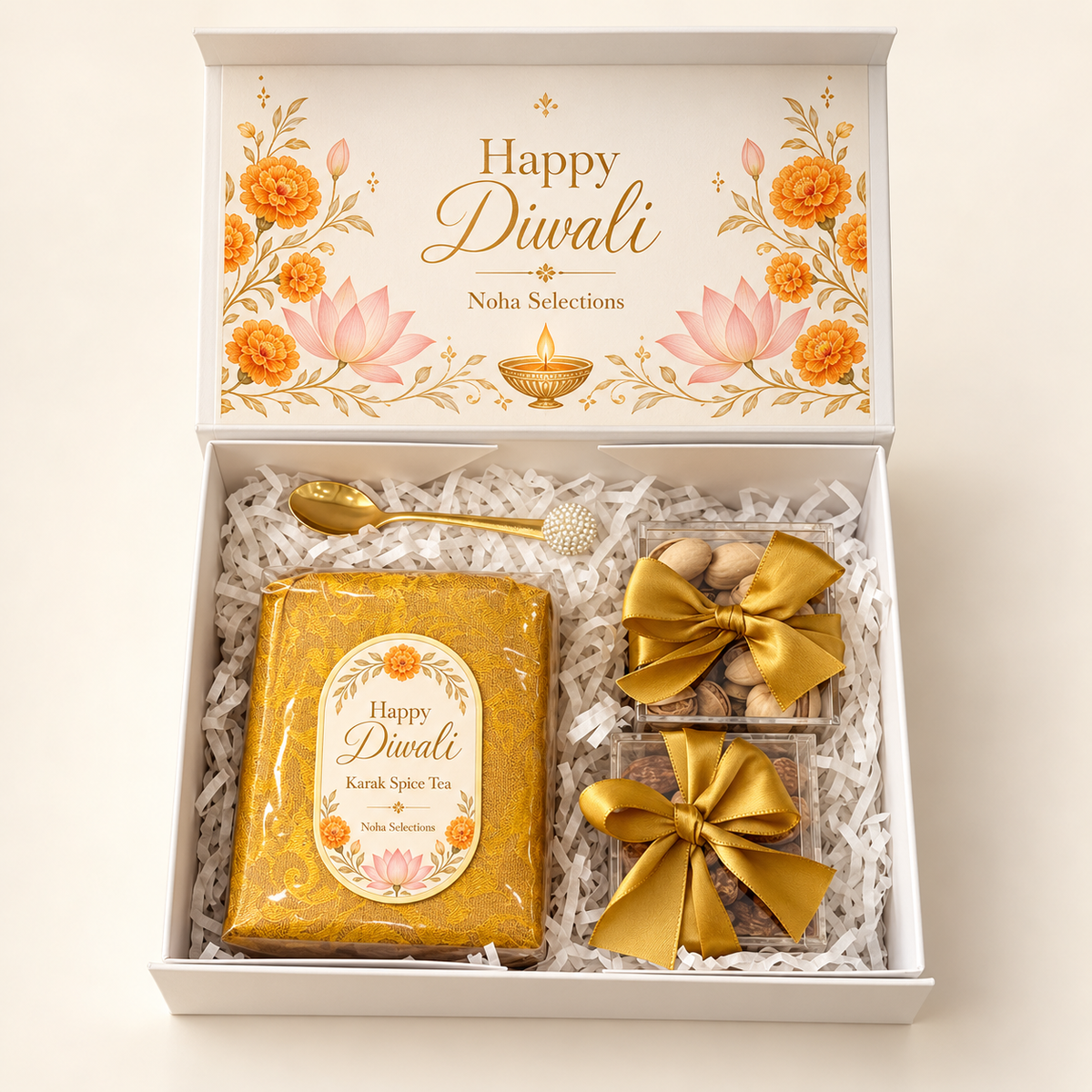 An open Diwali gift box featuring a vibrant "Happy Diwali" floral design on the inner lid, containing a gold pouch of premium Karak tea and two decorative compartments filled with premium pistachios and mixed nuts.