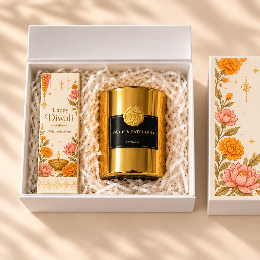 A rich oudh fragrance for the season of light. The Rituals Private Collection Oudh & Patchouli candle, wrapped in our hand-illustrated lotus and marigold Diwali box.