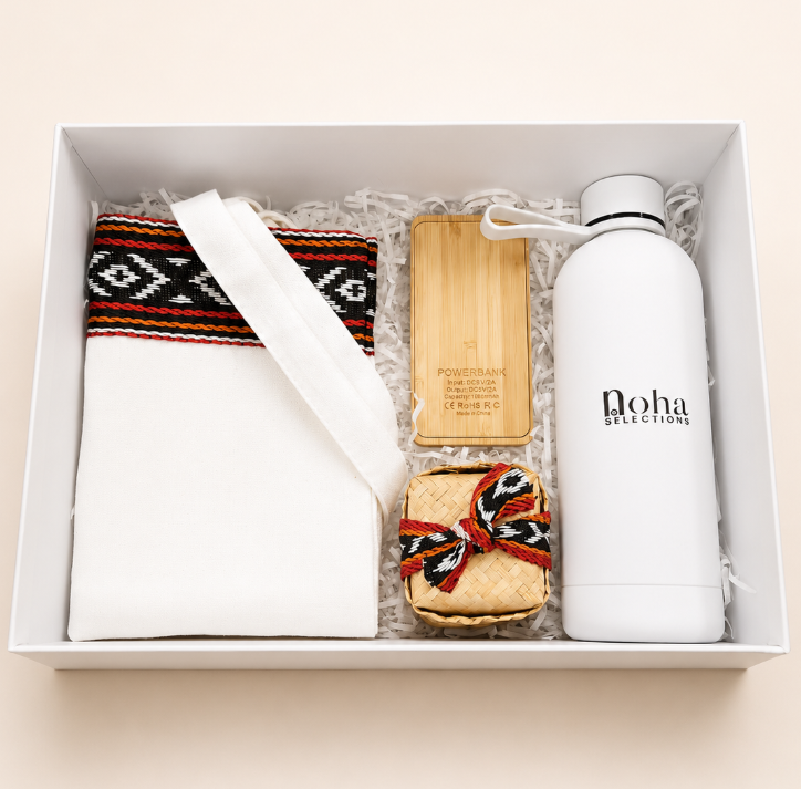 Heritage On The Go eco-friendly gift hamper with bamboo power bank and insulated bottle