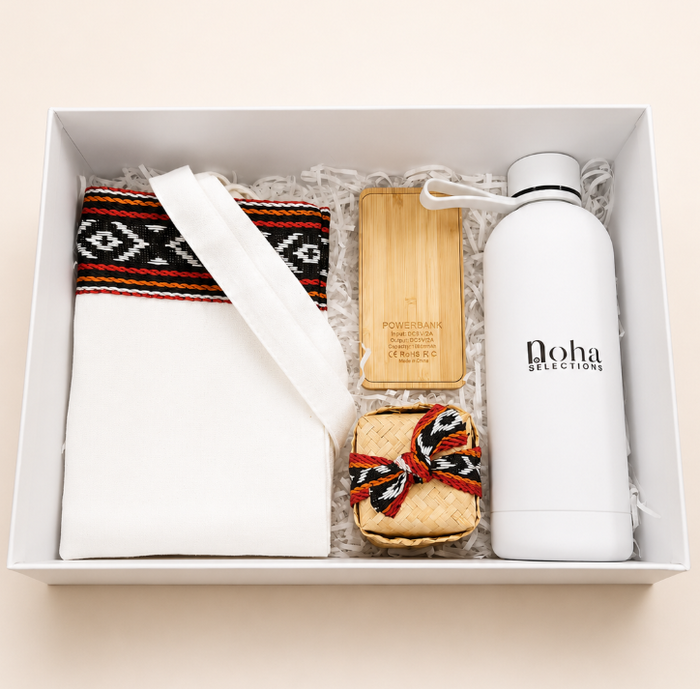 Heritage On The Go eco-friendly gift hamper with bamboo power bank and insulated bottle