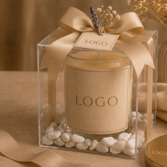 A clear acrylic gift box containing a beige candle with a matching beige label that reads 'LOGO', tied with a wide beige satin ribbon and bow. White pebbles line the bottom of the box, and dried floral stems sit on top.
