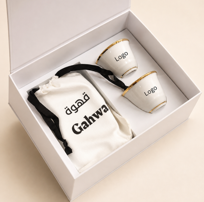 The Icon Box specialty Arabic coffee pouch and dual traditional qahwa cups in gift box