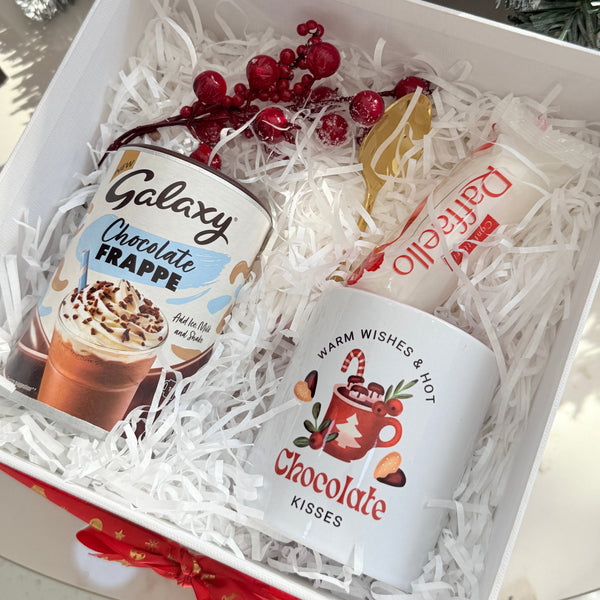 Holiday chocolate gift box with festive mug and Galaxy frappe – Nohaselections Dubai