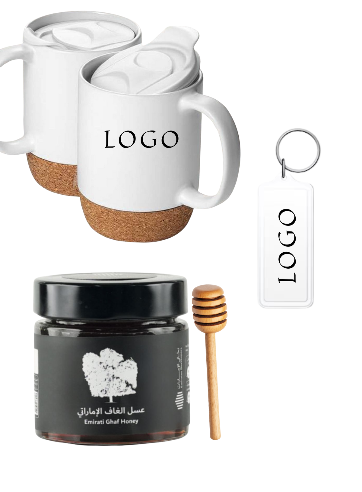 White mugs with cork底部, a jar of honey with a dipper, and a keychain with 'LOGO' on a white background.