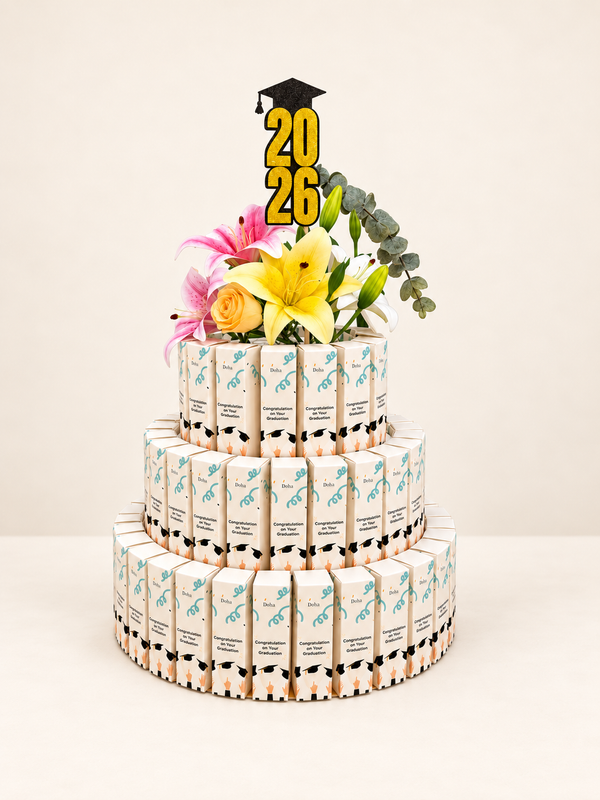 A three-tiered graduation cake made from wrapped candy bars, decorated with yellow and pink flowers and a '2026' graduation topper, set against a plain light beige background.